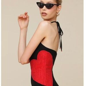 Avec Les Filles Beaded-Heart Halter-Neck Dress